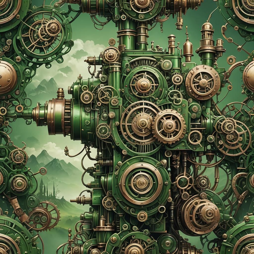 Green Emotional Landscape with Steampunk Engine