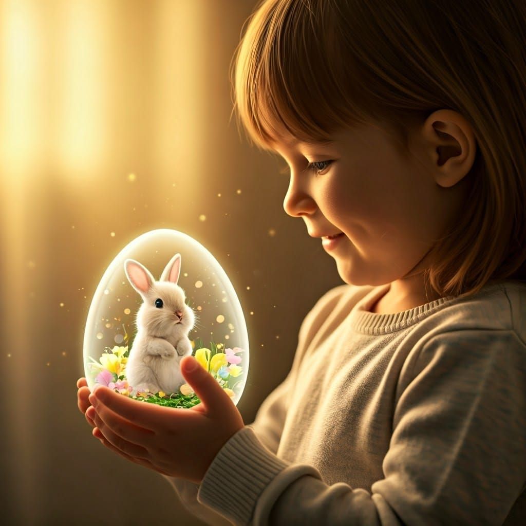 Child Holds Glowing Crystal Egg with Easter Bunny Inside