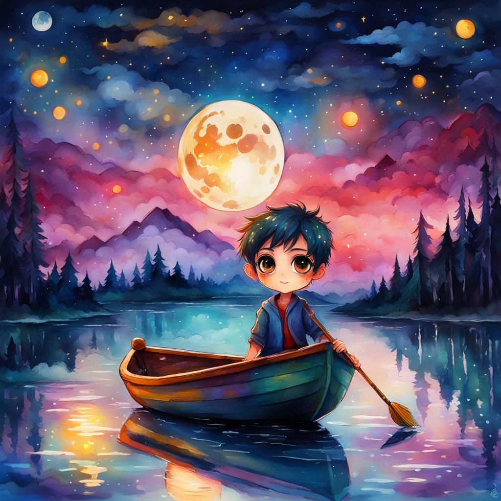 Dreamy Chibi Boy on Lake: Watercolor Painting