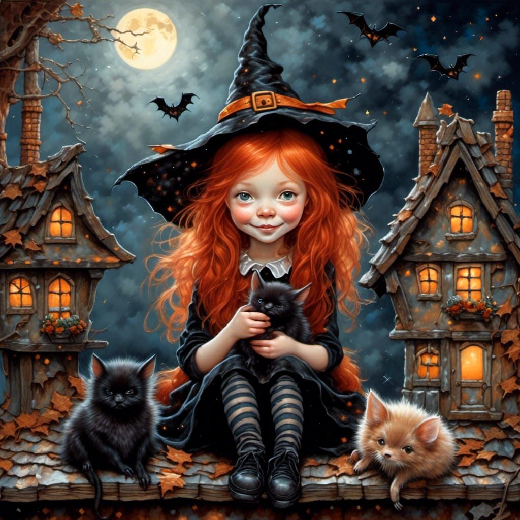 Cute Redhead Witch Girl with Bat on Roof