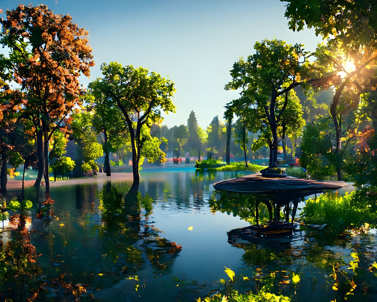 Hyperrealistic Park and Lake with Iridescent Reflections