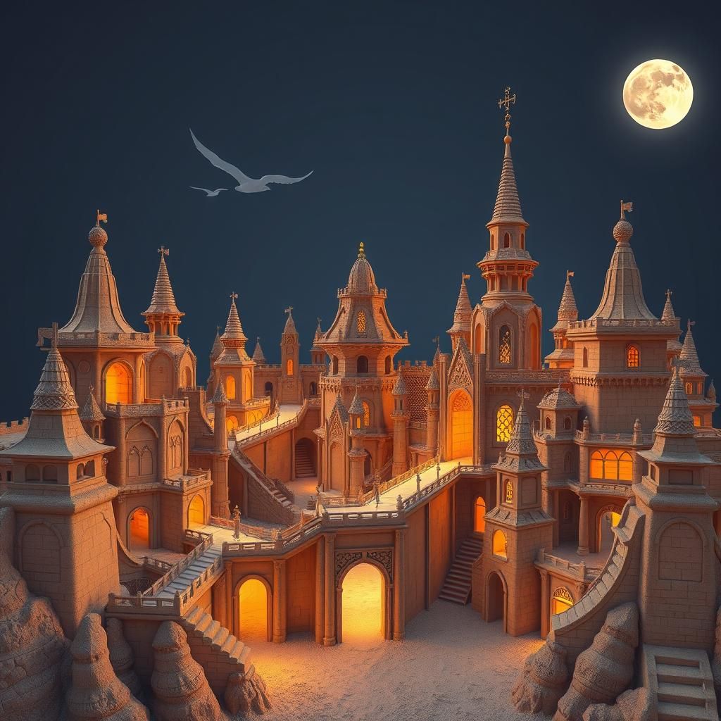 Grand Sandcastle City Under Moonlight in Digital Art Style