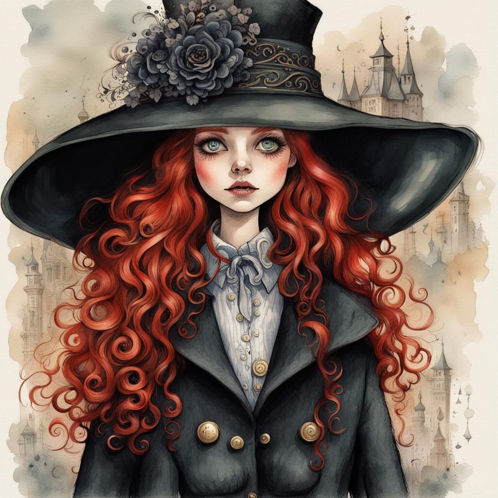 Red Haired Girl in Black Hat, Watercolor Art