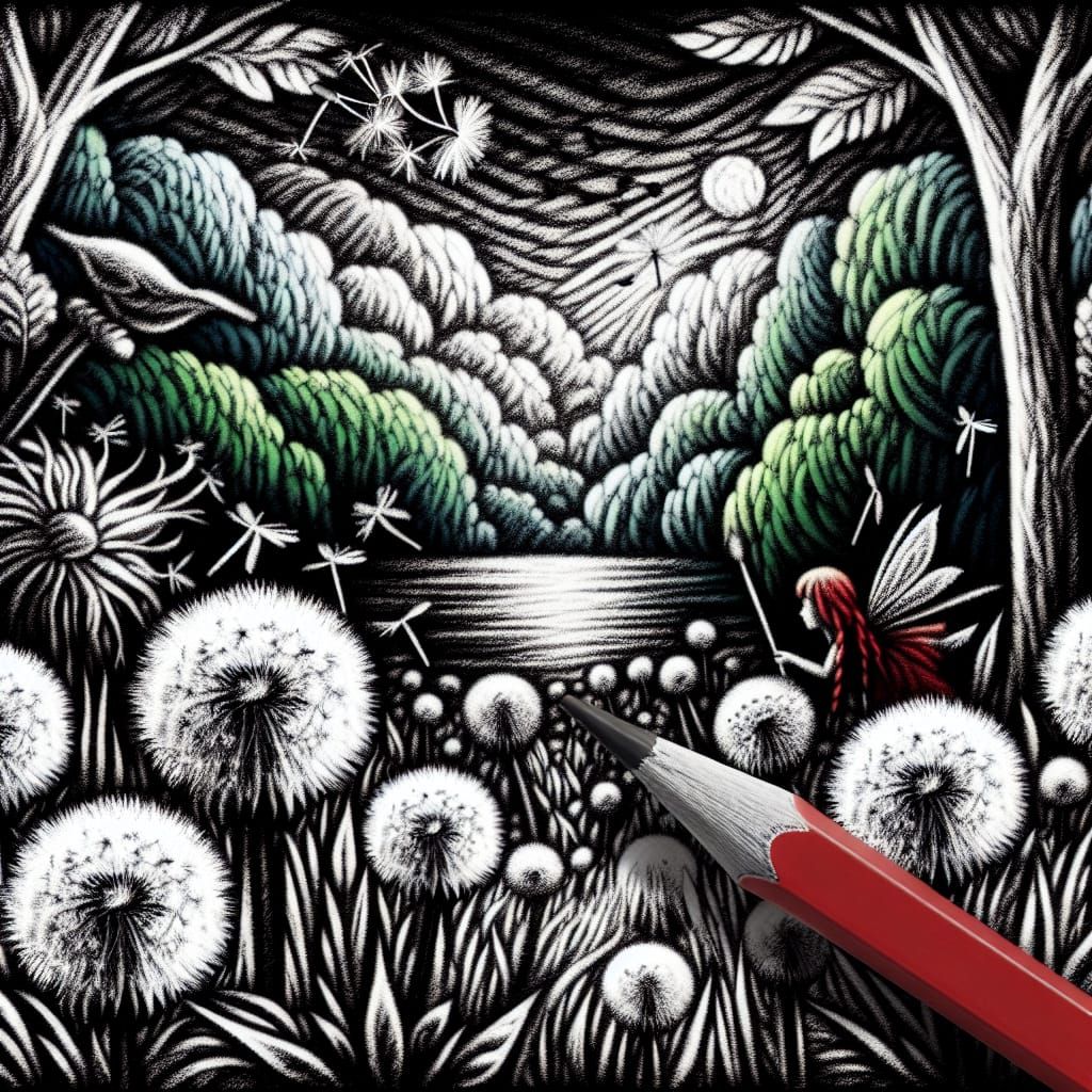 Surreal Landscape with Red Fairy in Photogram Style