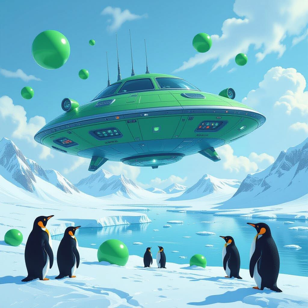 Penguins Watch Flying Saucer in Retro-Futuristic Landscape