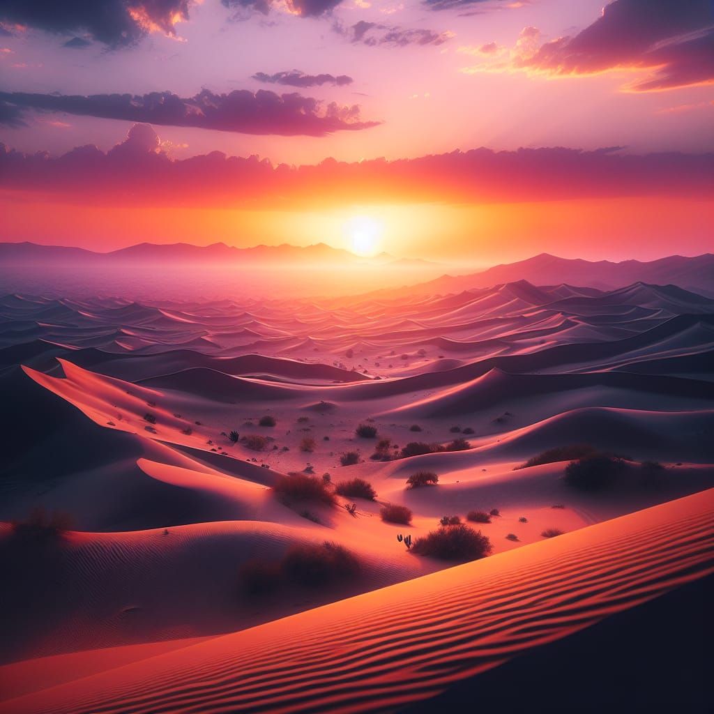 Desert Sunrise Over Rugged Sand Dunes