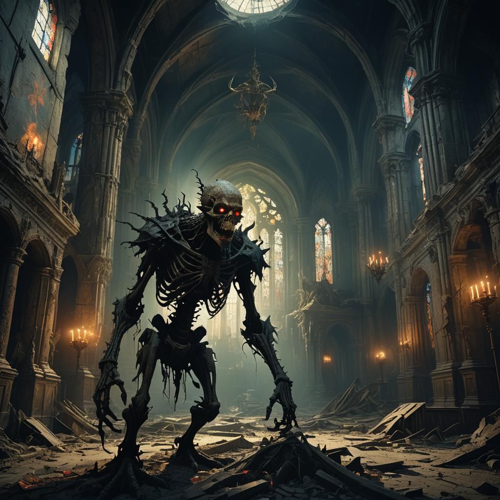 Grotesque Creature in Abandoned Church, Dark Fantasy Art