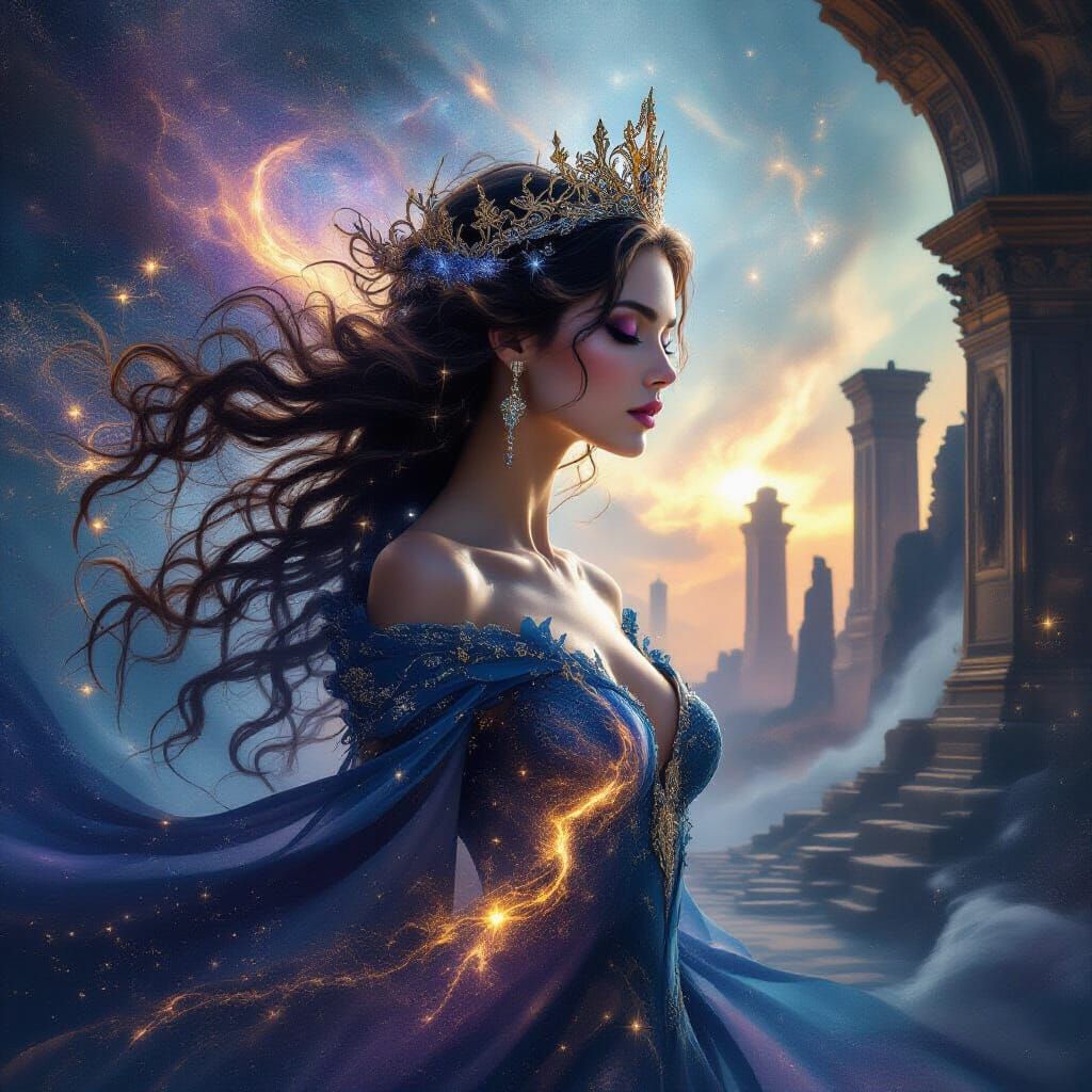 Ethereal Queen Portrait Intertwined with Galaxy and Ruins