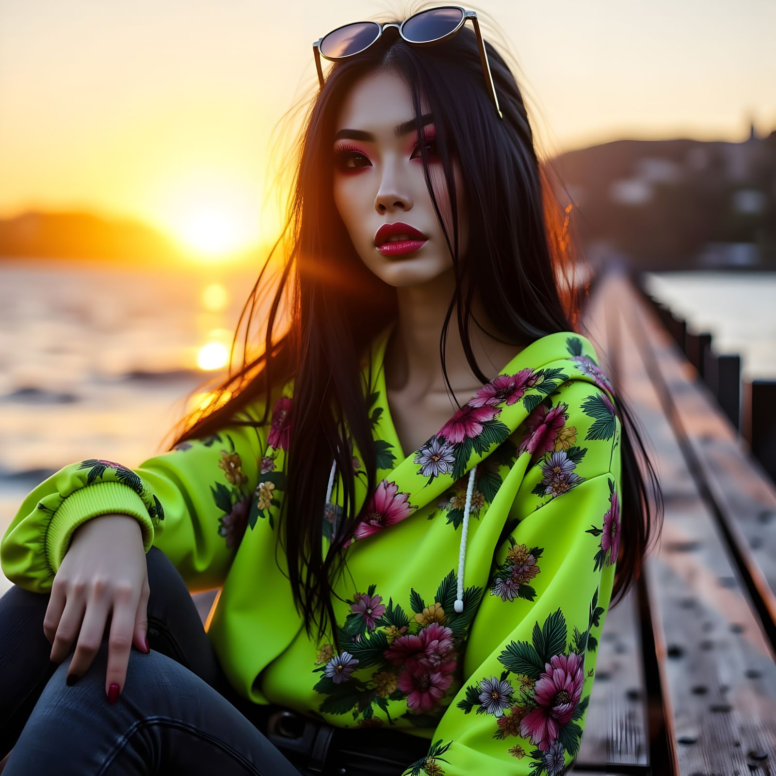 Young Woman on Pier at Sunset in Lime Green