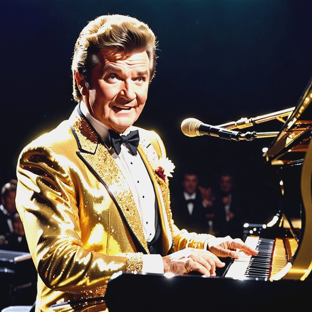 Liberace in a Sparkling Tuxedo Plays Golden Piano on Stage