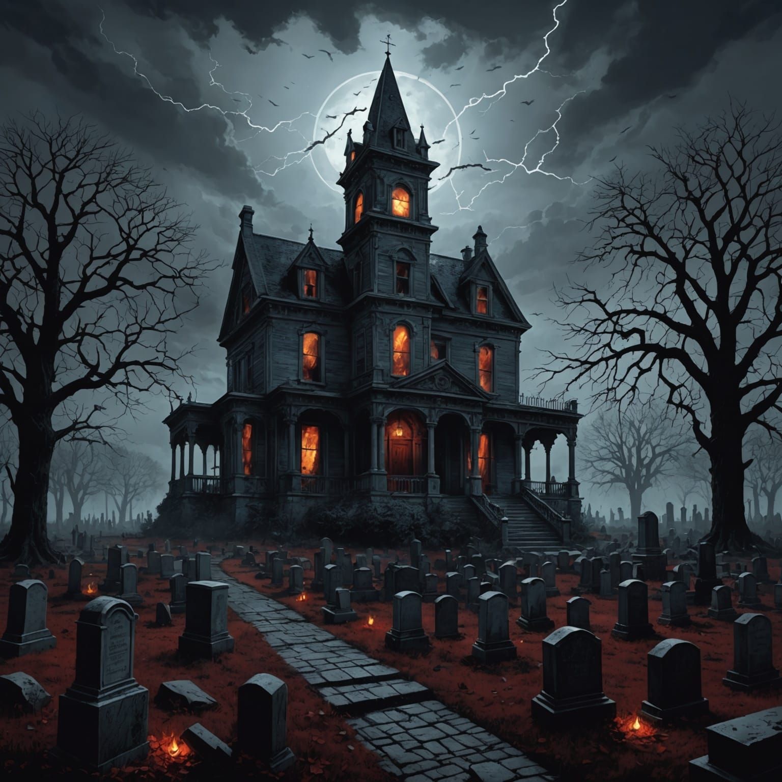 Haunted House with Cemetery and Cats in Horror Style