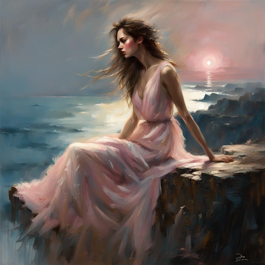 Woman on Cliff at Night with Gold Paint Strokes