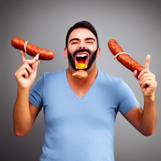 Extremely Happy Man Holding Sausage in Mouth