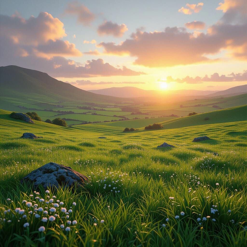 Emerald Meadow At Sunset In Irish Landscape