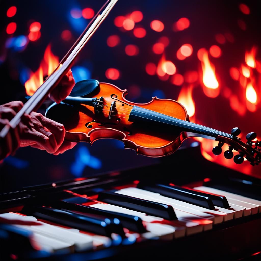 Violinist Plays Piano Amidst Red and Blue Flames