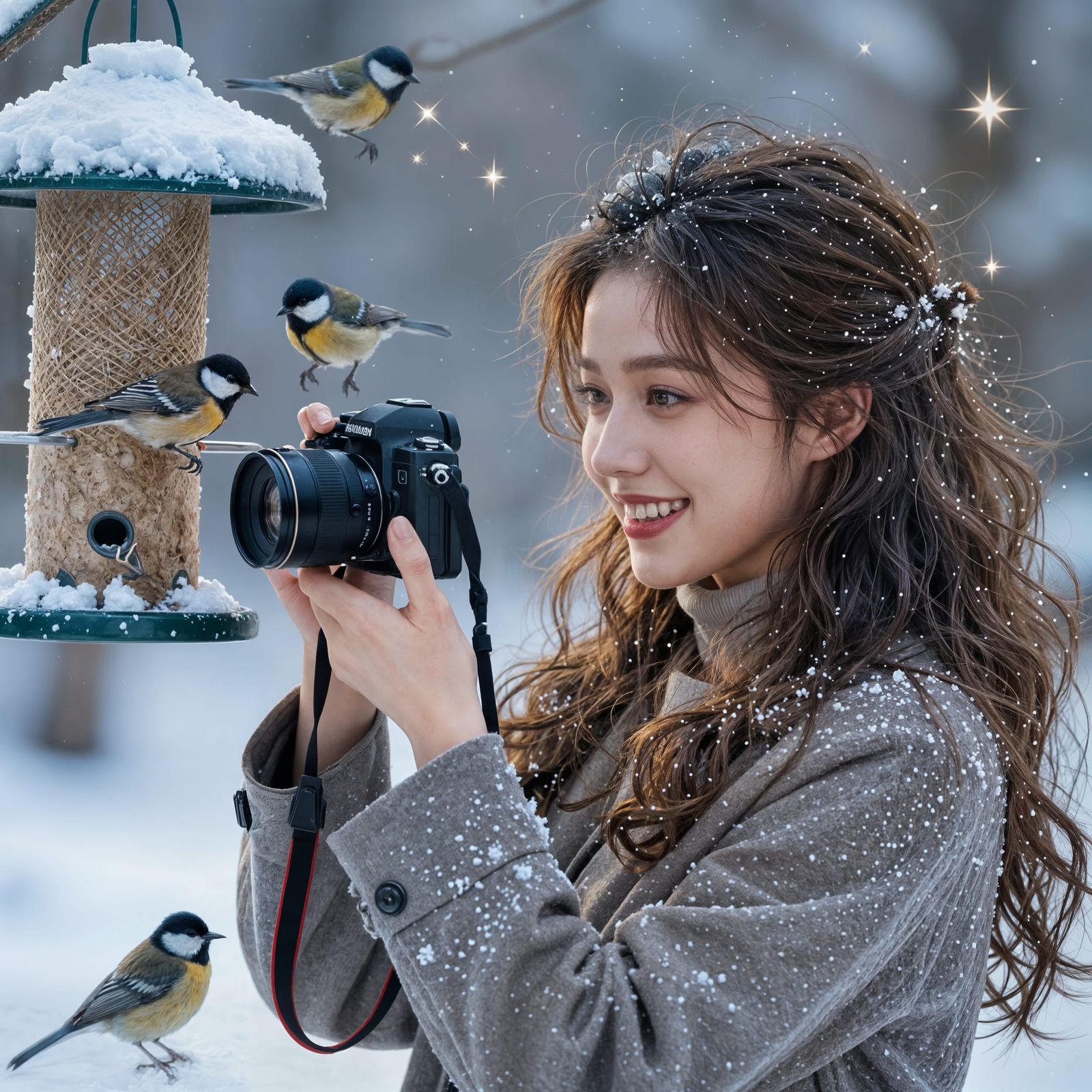 Girl Photographs Winter Scene with Birds in Splash Art Style
