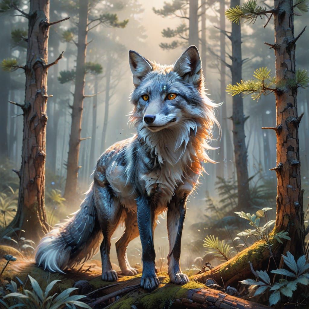 Ethereal Silver Fox in a Misty Pine Forest Watercolor
