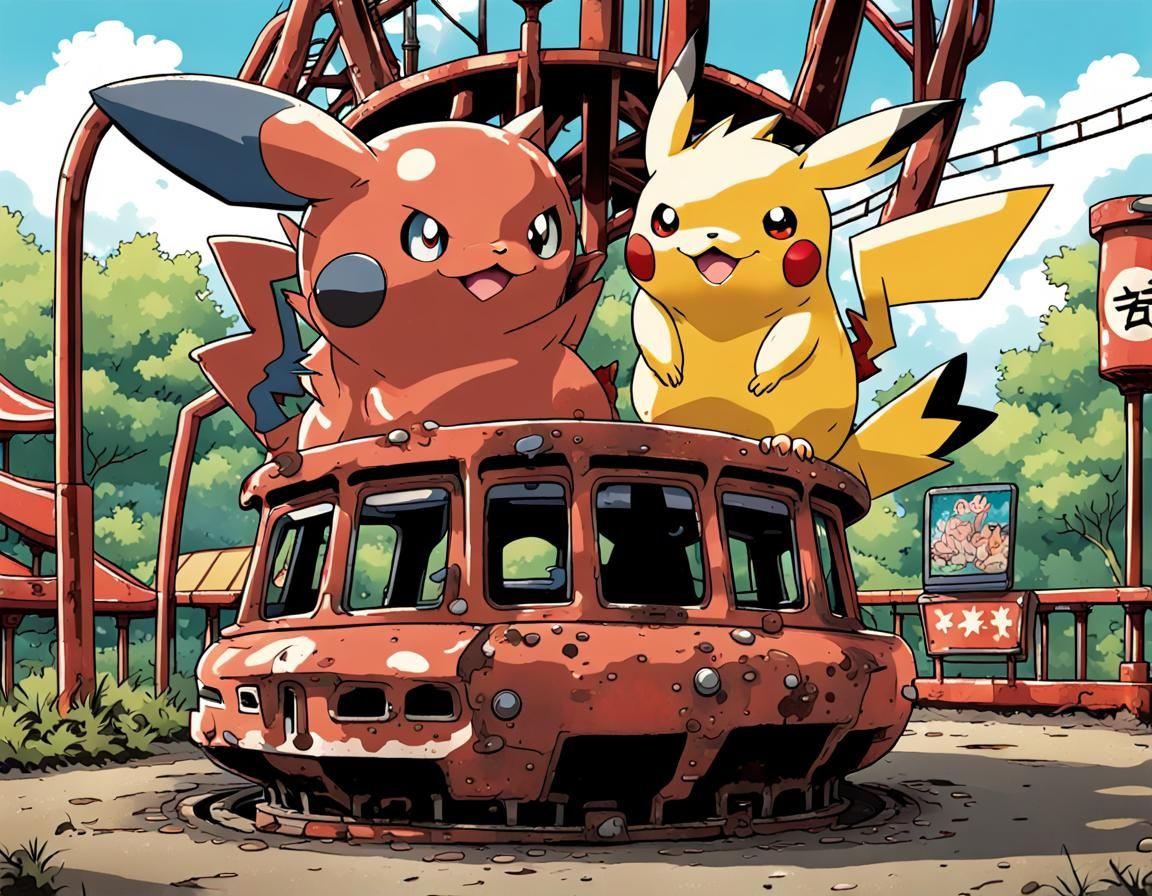 Dangerous Feral Pokémon ride the rides in a rusting abandone...