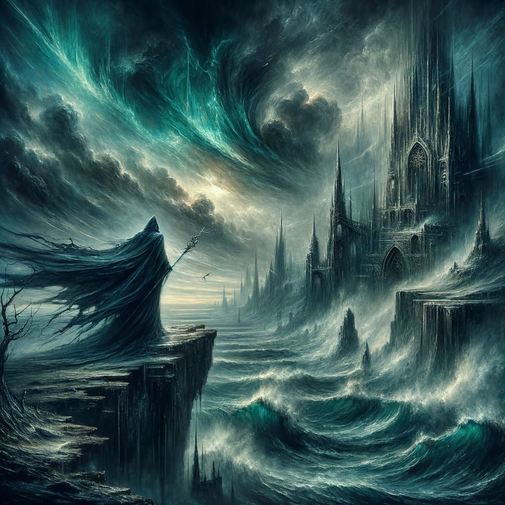 Gothic Fantasy Wizard Above Stormy Sea