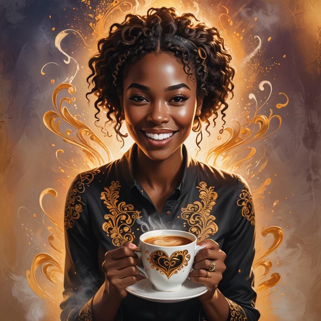 Hyperrealistic Splash Art of Woman with Coffee