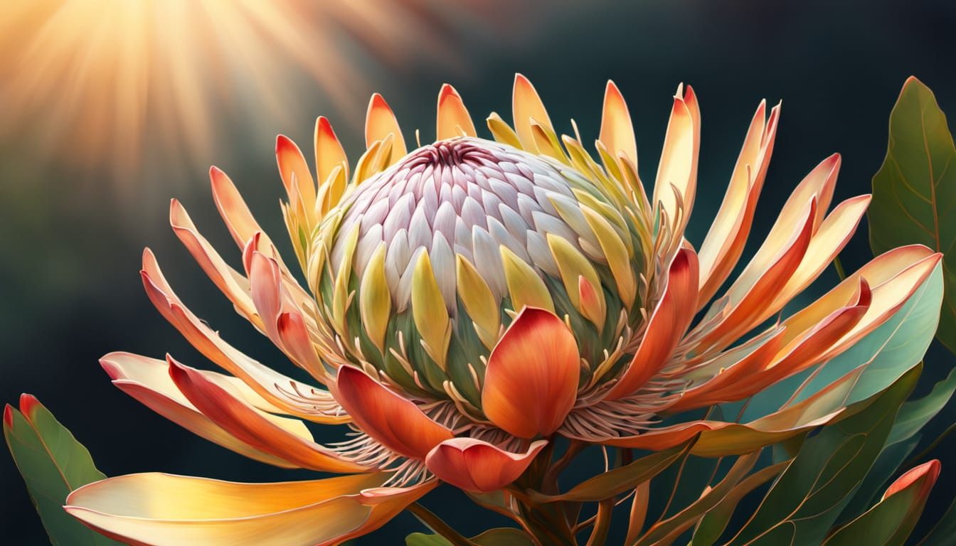 Hyperrealistic Protea Flower in Oil Painting Style