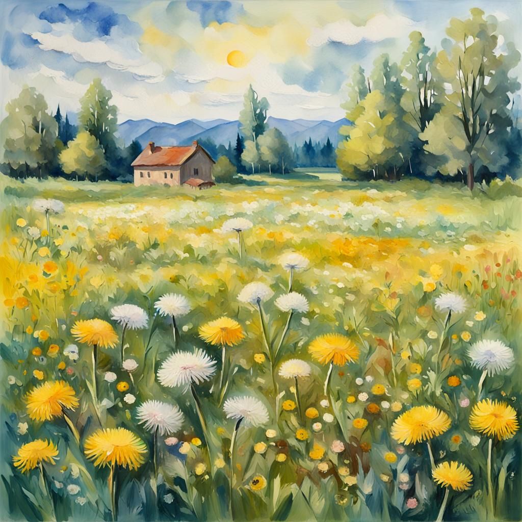 Dandelion Meadow in Gouache Watercolor Style