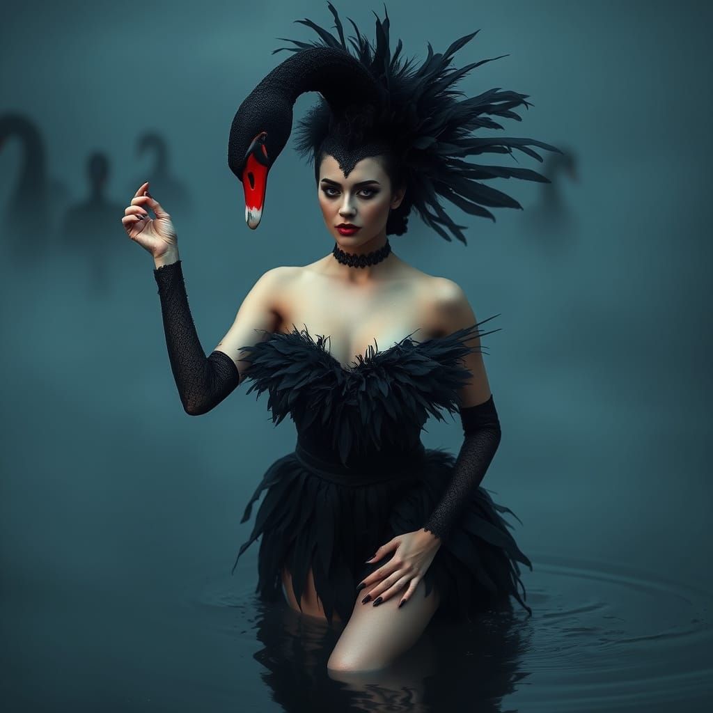 Elegant Swan Woman in Dark Waters
