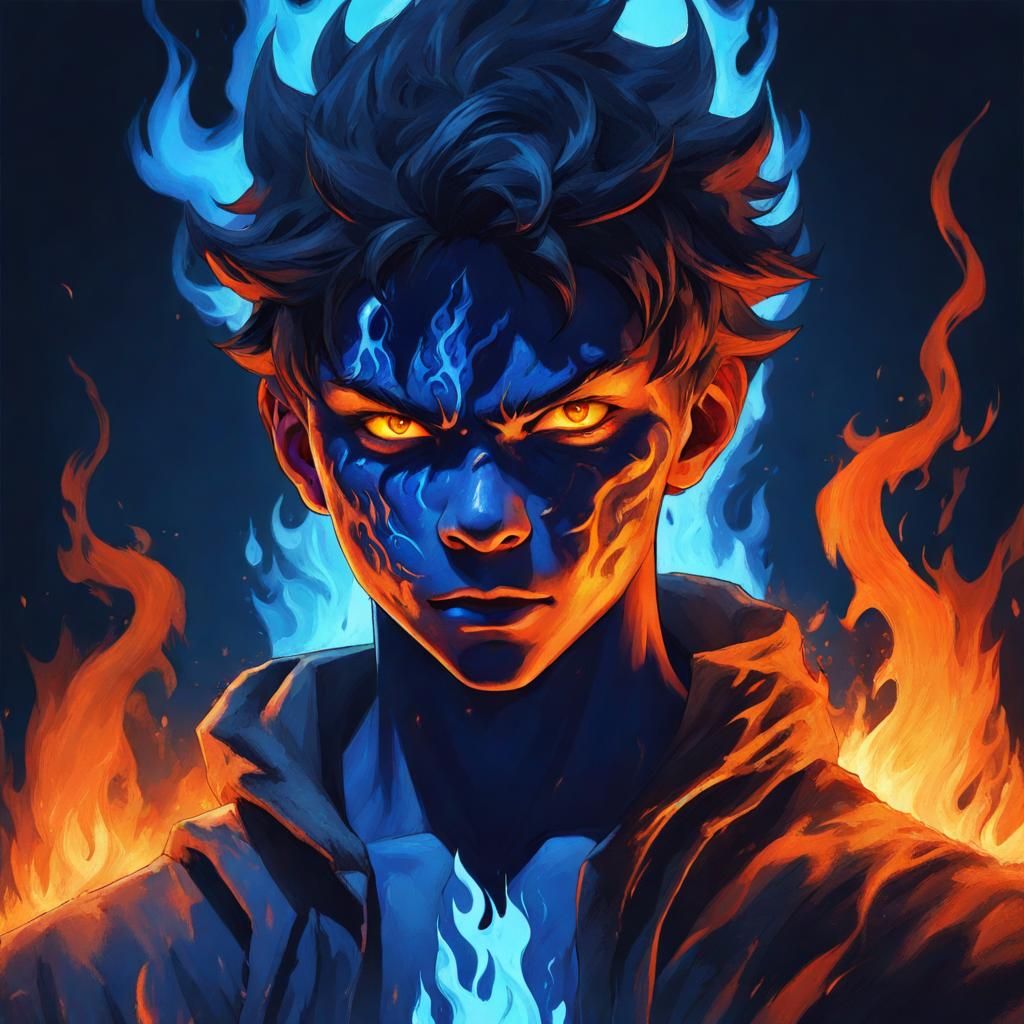 Teenage Demon in Blue Flames: Hyperrealistic Concept Art