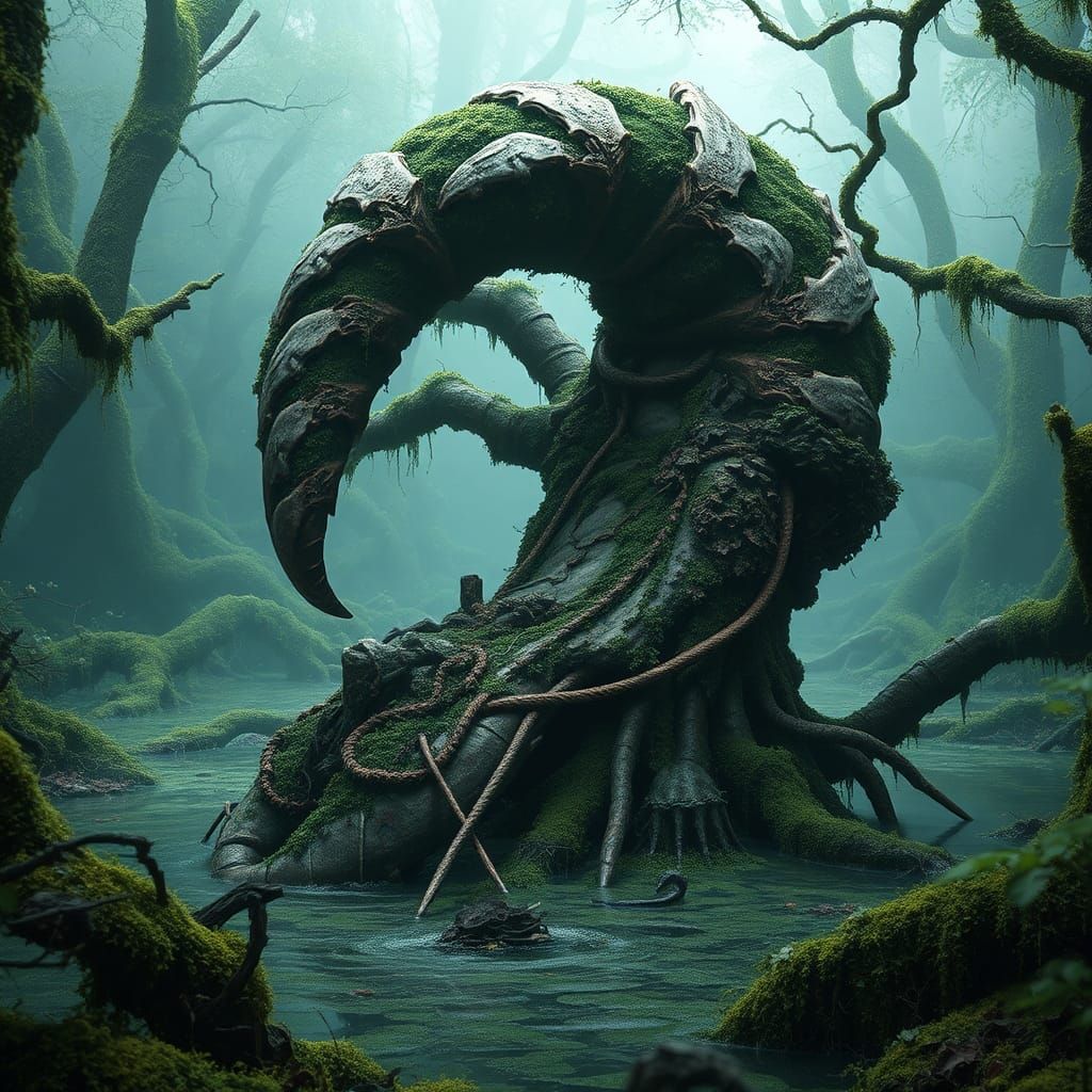 Large lobster claw morphing out of a very mossy swamp