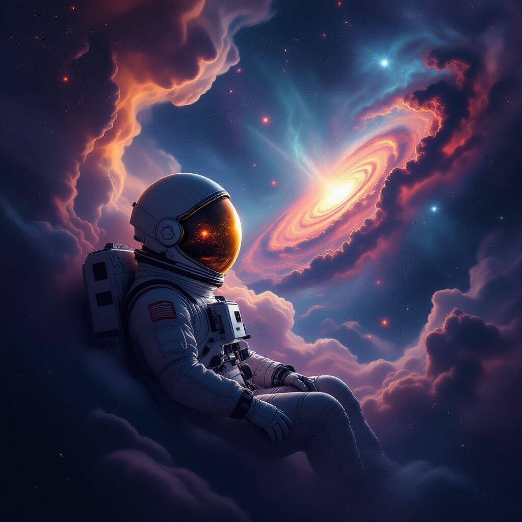 Astronaut Adrift in Cosmic Nebula, Helmet Reflects Alien Gal...