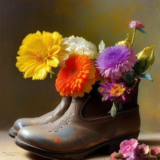 Fairytale Still Life of Flowers in Boots