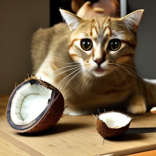Cat Enjoys Coconut with Steampunk Engine