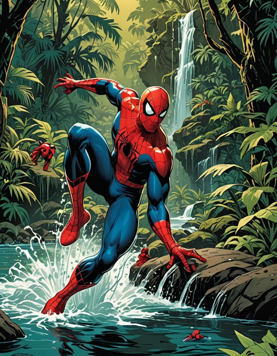 Spider-Man's Jungle Waterfall Retreat: Comic Book Art