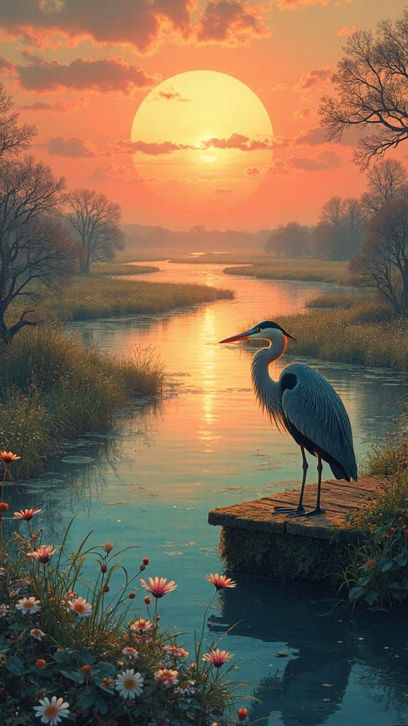 Dreamlike River Delta Sunset with Vibrant Heron
