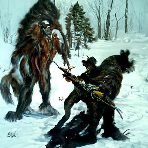 Sasquatch vs. Werewolf: Winter Battle in Oil Paint Style