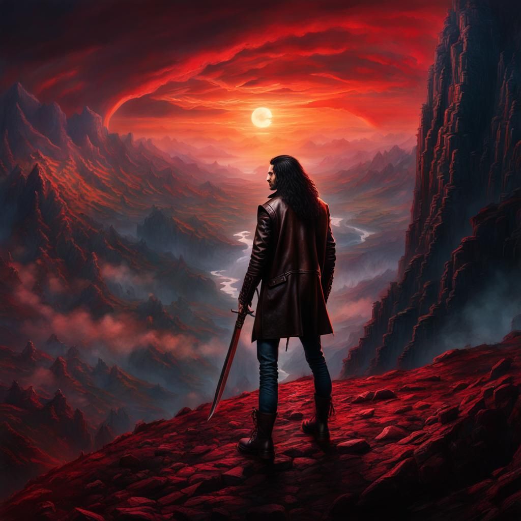 Fantasy Warrior on Mountain Gazing at Portal