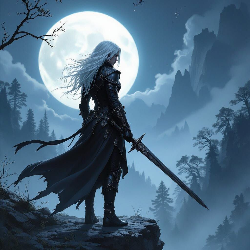 Drow Assassin Overlooking Moonlit Forest in Fantasy Style