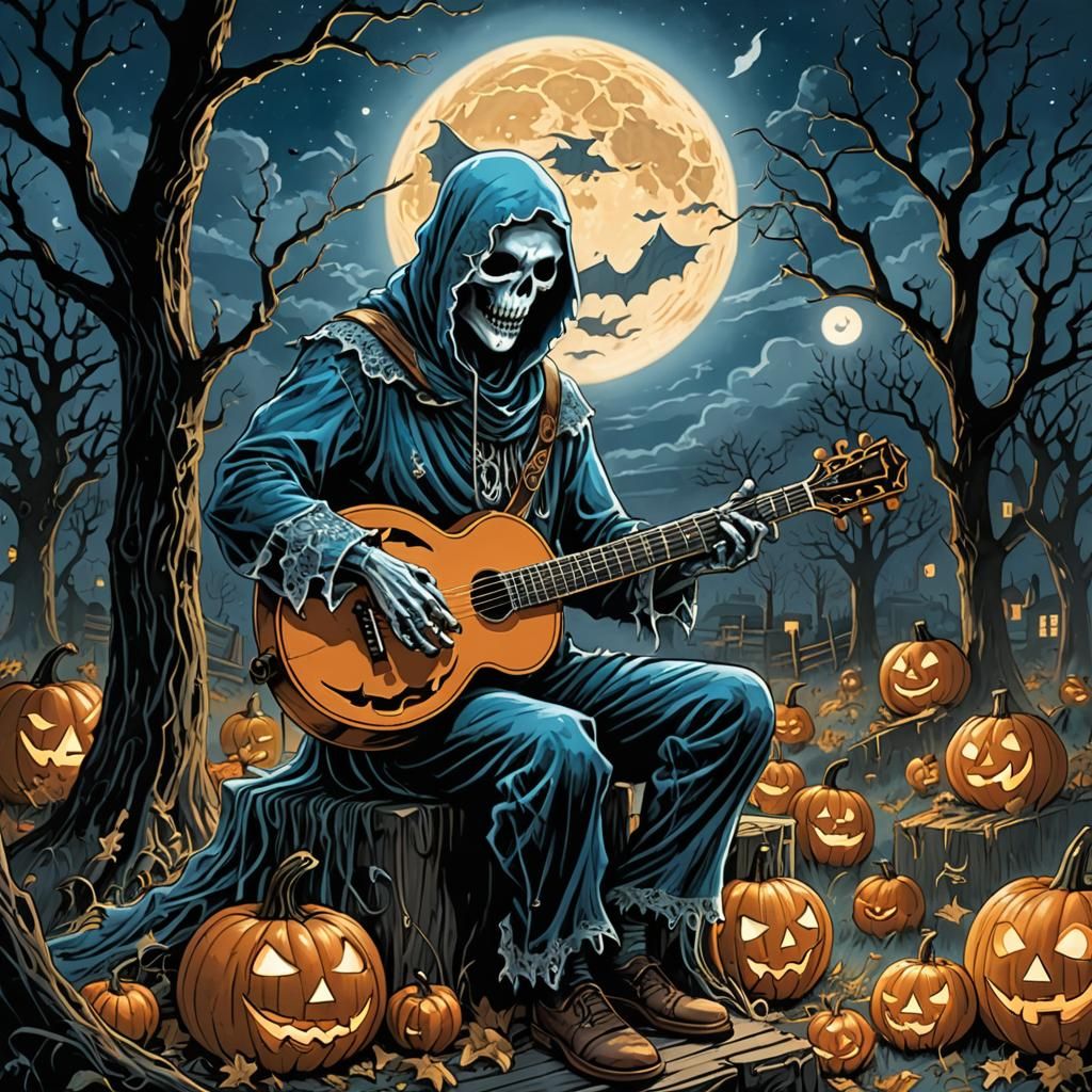 Ghost Playing Banjo on Jack-o'-Lantern in Comic Style