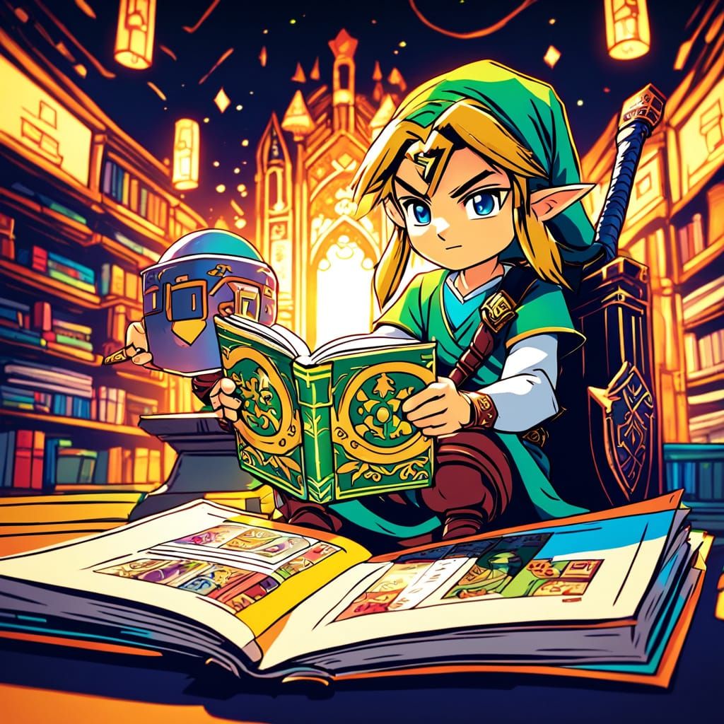 Chibi Link and Zelda Reading Comic Book: Anime Art