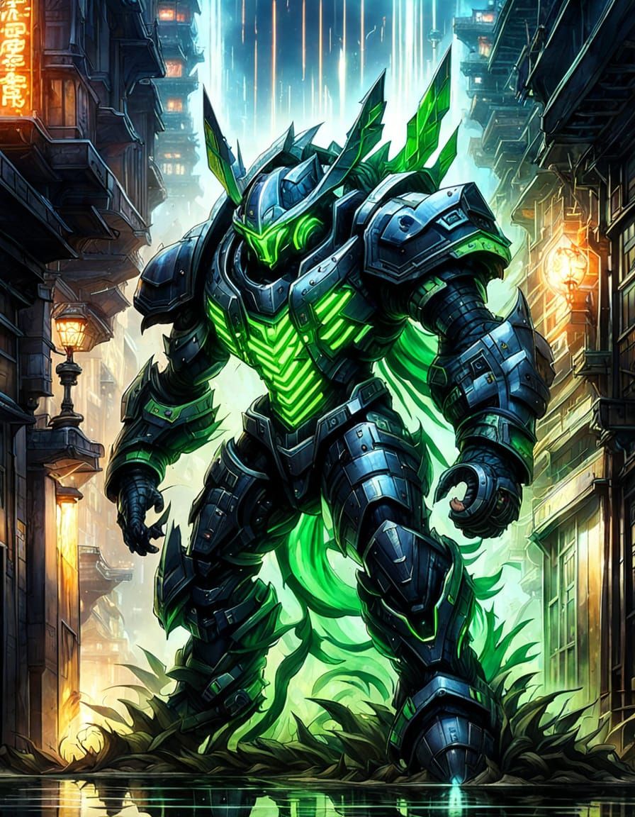 Cyberpunk Urban Landscape with Glowing Cultivation Fighter