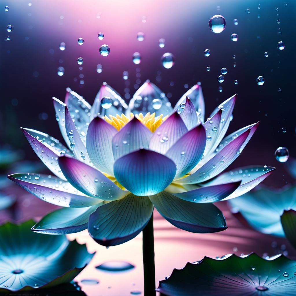 Crystal Lotus Silhouette in Rain, Macro Photorealistic Image