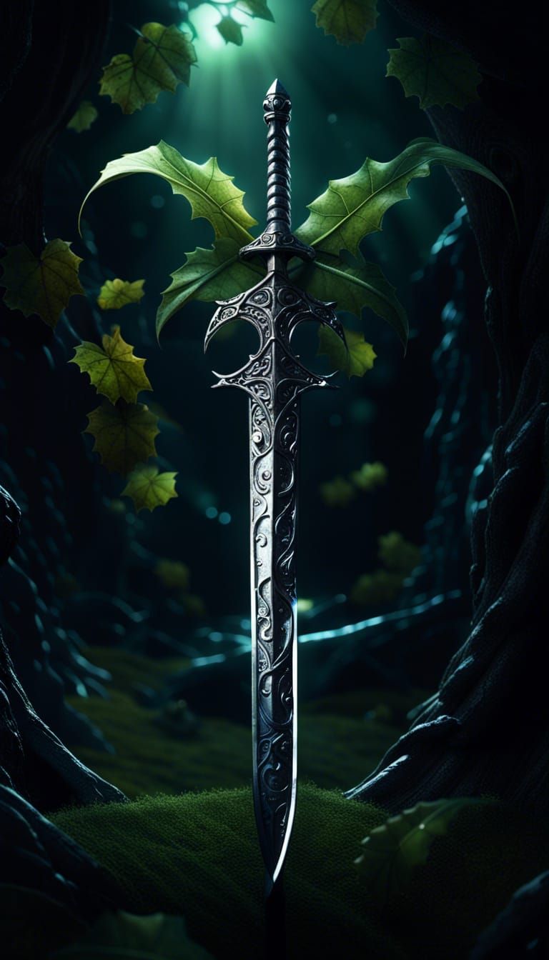 Vine Sword Floating in Surreal Landscape, 3D Render