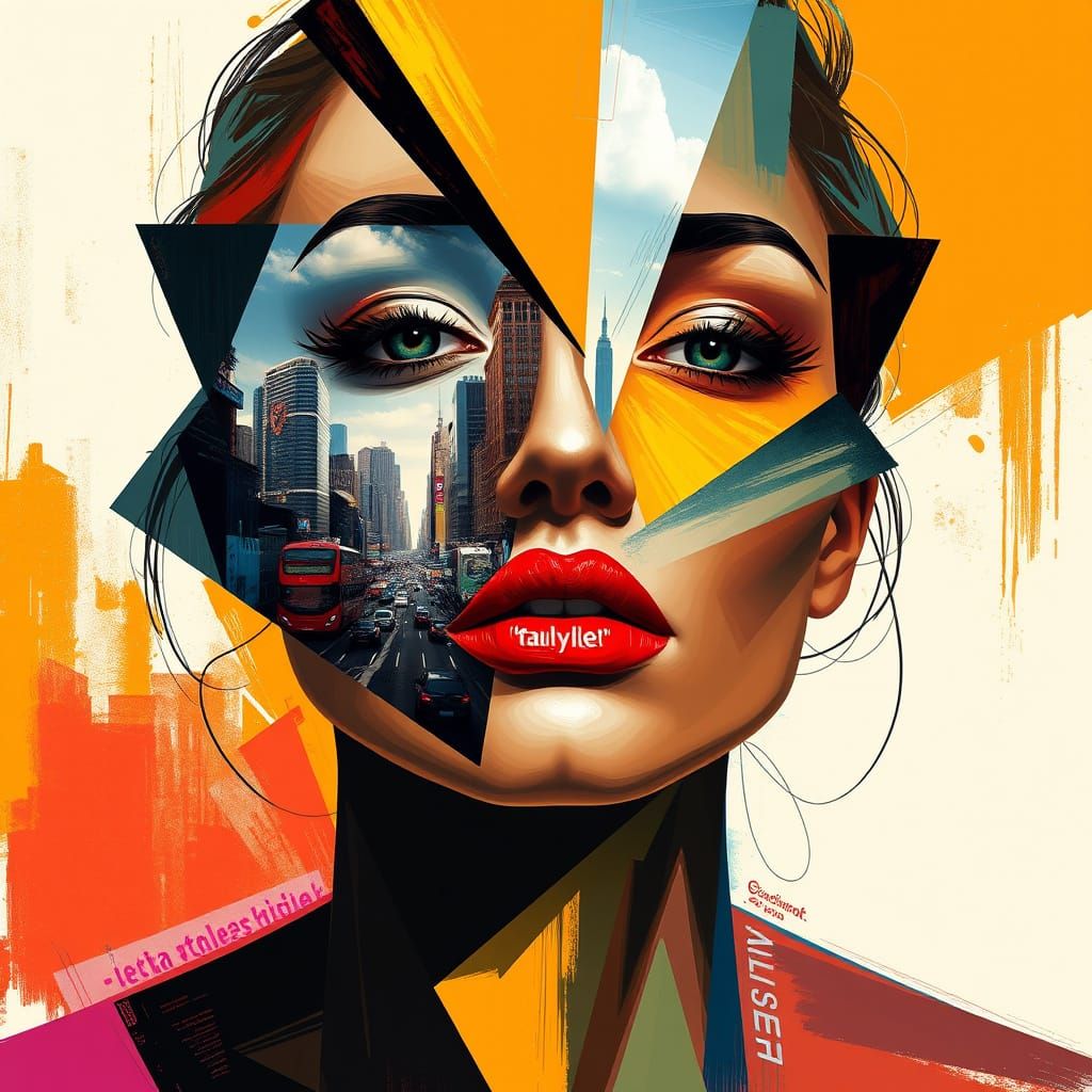 Fragmented Face with Cityscape Elements in Cubist Style