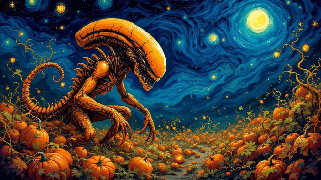 Pumpkin Xenomorph Emerges from Starry Autumn Patch