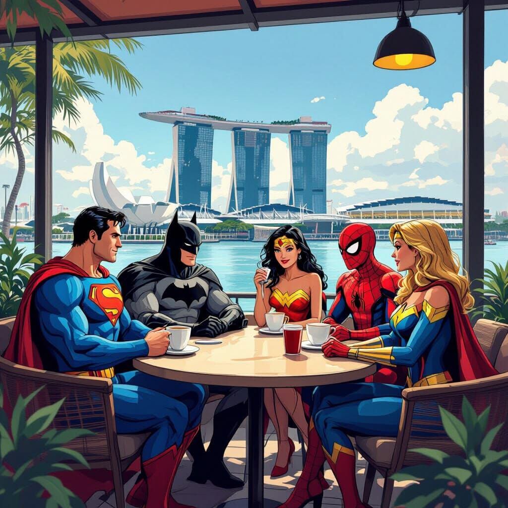 Superheroes Enjoying Coffee at Marina Bay Sands: Stylized Il...