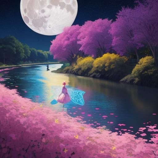 בית קטן על שפת הנחל הזורם ועצים מללבים בצבעים נועזים ואור הלבנה עם כוכבים מאירים 
3