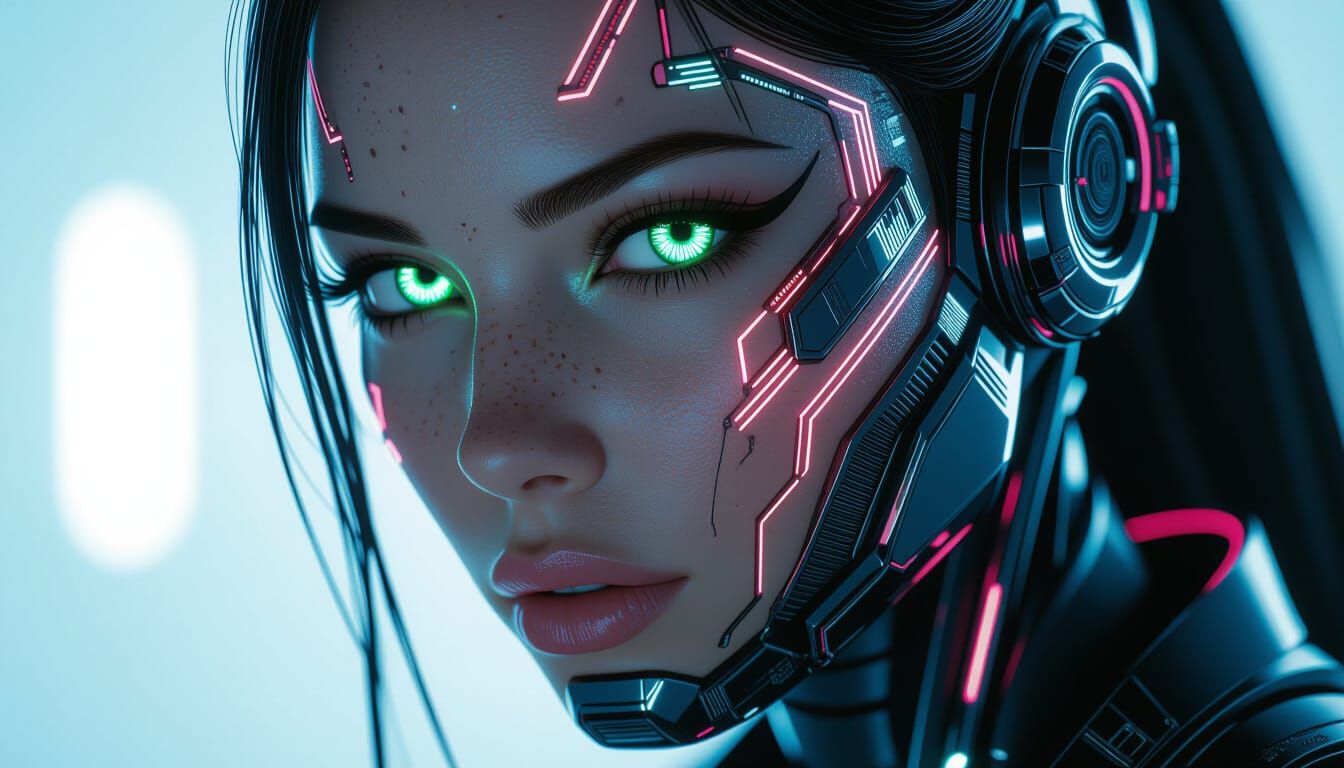 Cybernetic Woman Portrait with Neon Circuitry and Glowing Ey...