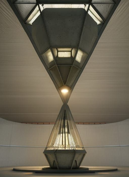 Brutalist Hall with Rainbows and Himmeli Lamps