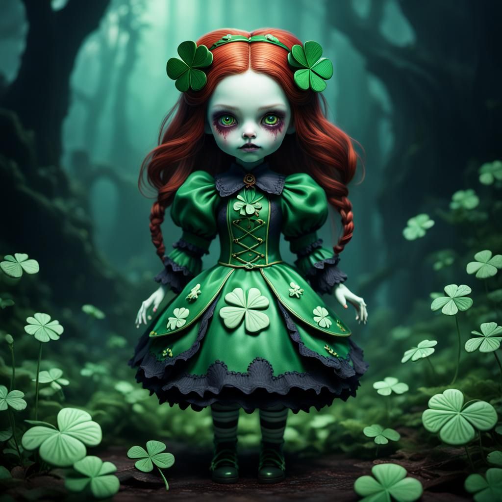 Demonic Porcelain Doll with Four Leaf Clover