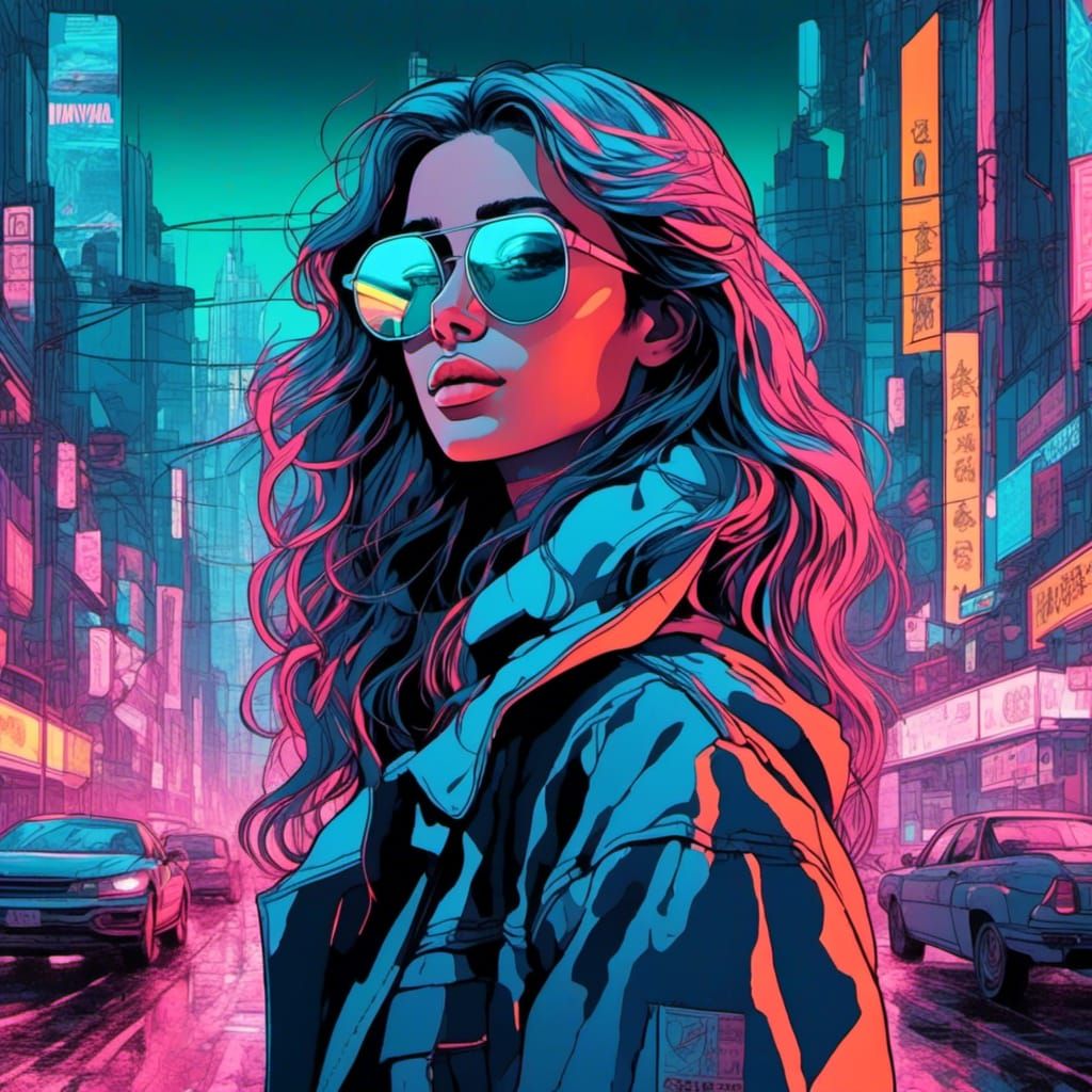 Vaporwave Cyberpunk Woman in Neon City Illustration